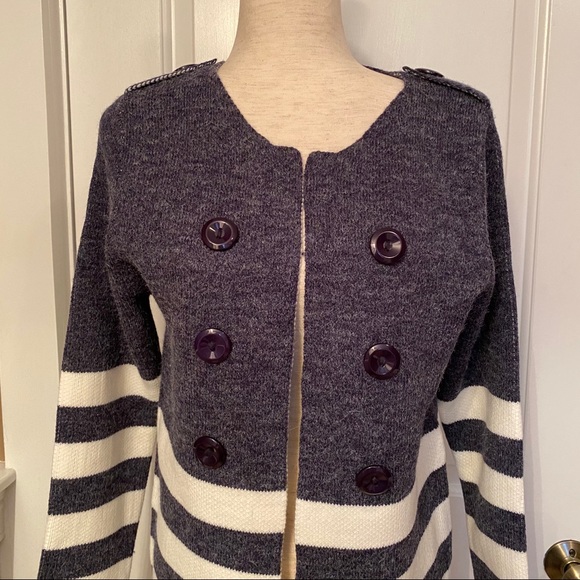 KEREN HART NEW SWEATER CARDIGAN BLUE WHITE STRIPE COLOR BLOCK OPEN FRONT SIZE S - Picture 2 of 8